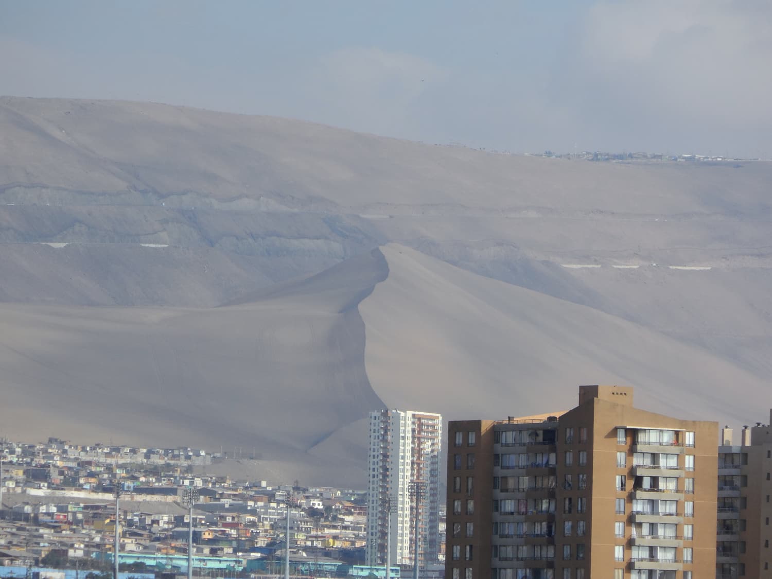 The long sand ridge of Cerro Dragón rising behind the buildings of Iquique