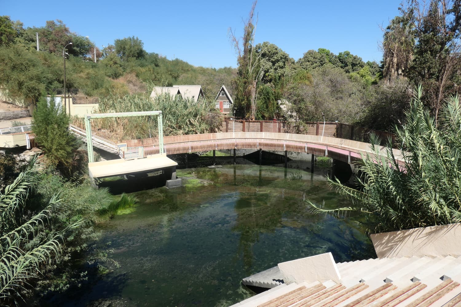 The spring-fed pool of Cocha Resbaladero in Pica, surrounded by greenery and a walkway