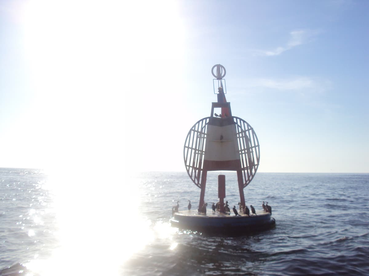 The Esmeralda buoy in Iquique bay with sea lions resting on it
